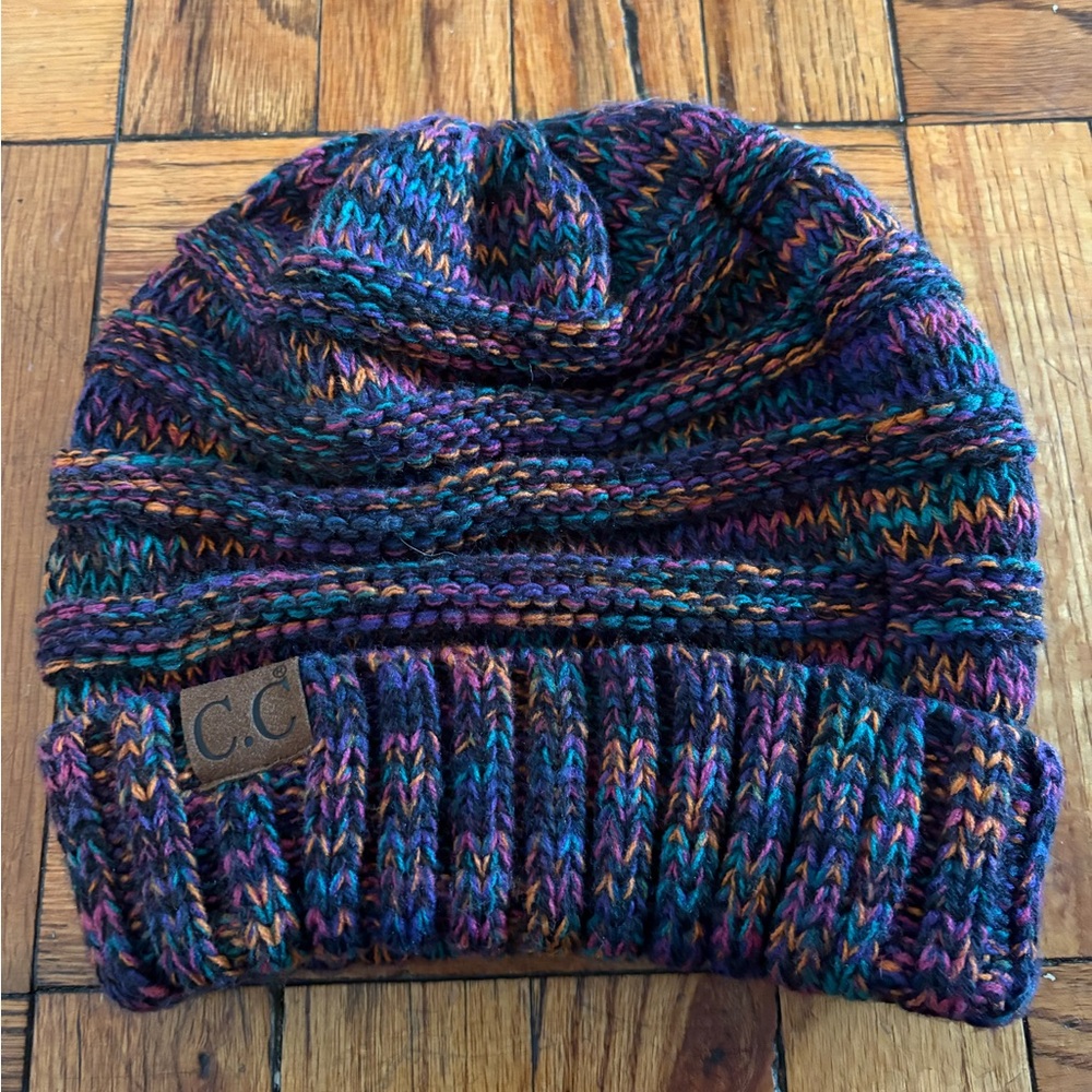 C.C Colorful Purple, Orange, Pink and Teal Knit Slouchy Beanie Hat